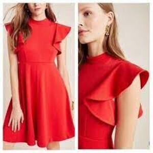 Anthropologie Maeve Deena Dress Red Flutter Sleeves Fit Flare Women Medium